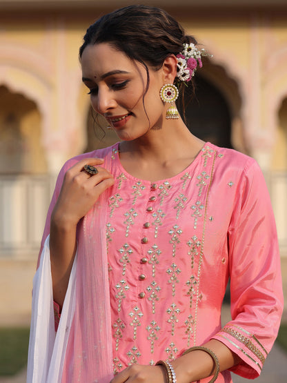 Pink Shantoon Embroidered Kurta, Palazzo And Dupatta Set