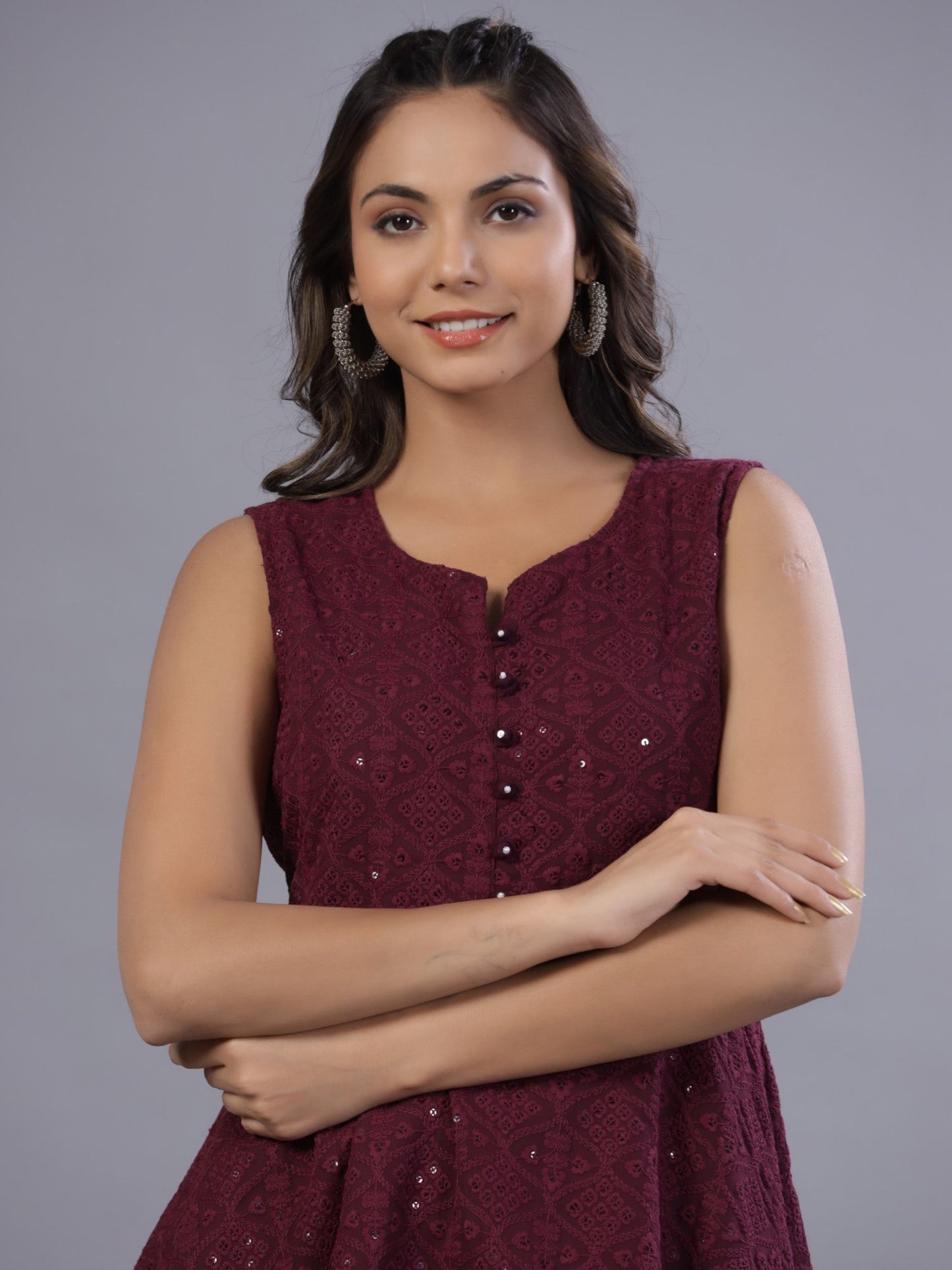 Wine Georgette Embroidered Peplum Tunic