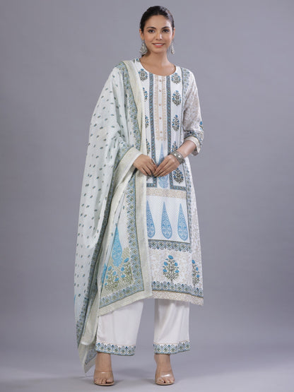 Blue Rayon Printed Kurta, Pants And Dupatta Set