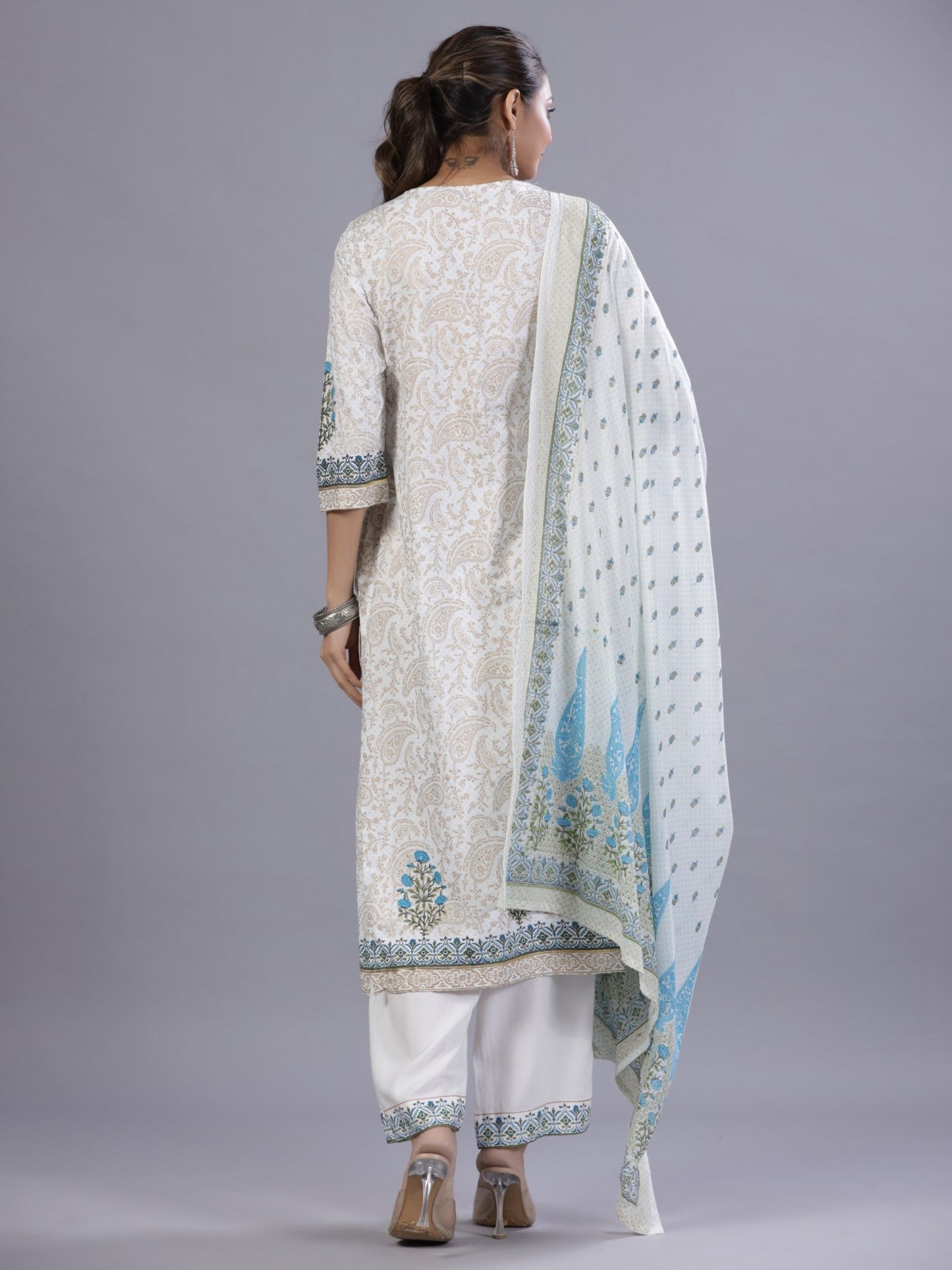 Blue Rayon Printed Kurta, Pants And Dupatta Set