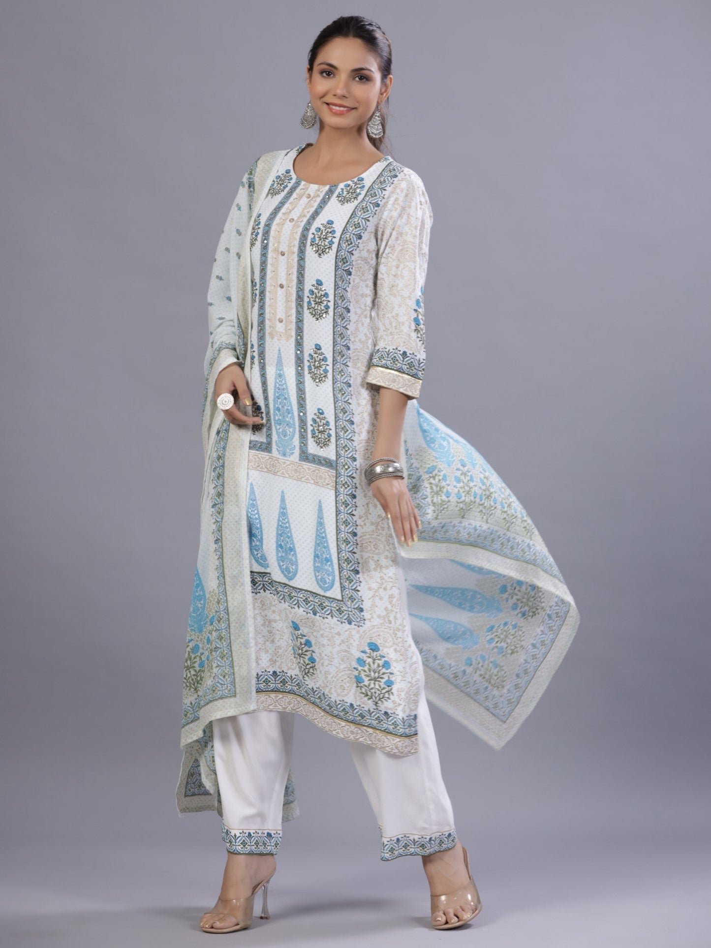 Blue Rayon Printed Kurta, Pants And Dupatta Set