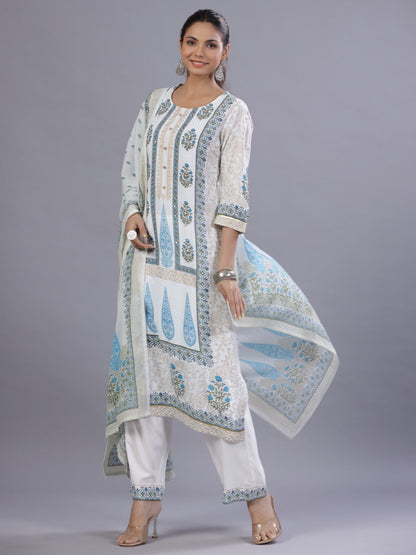 Blue Rayon Printed Kurta, Pants And Dupatta Set