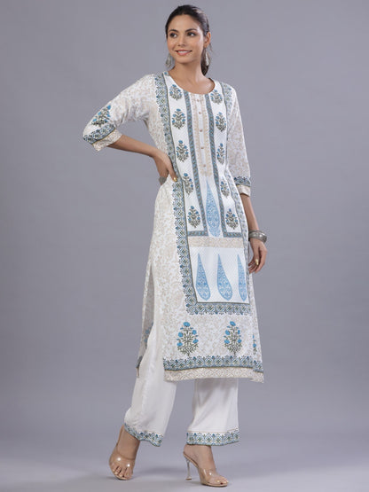 Blue Rayon Printed Kurta, Pants And Dupatta Set