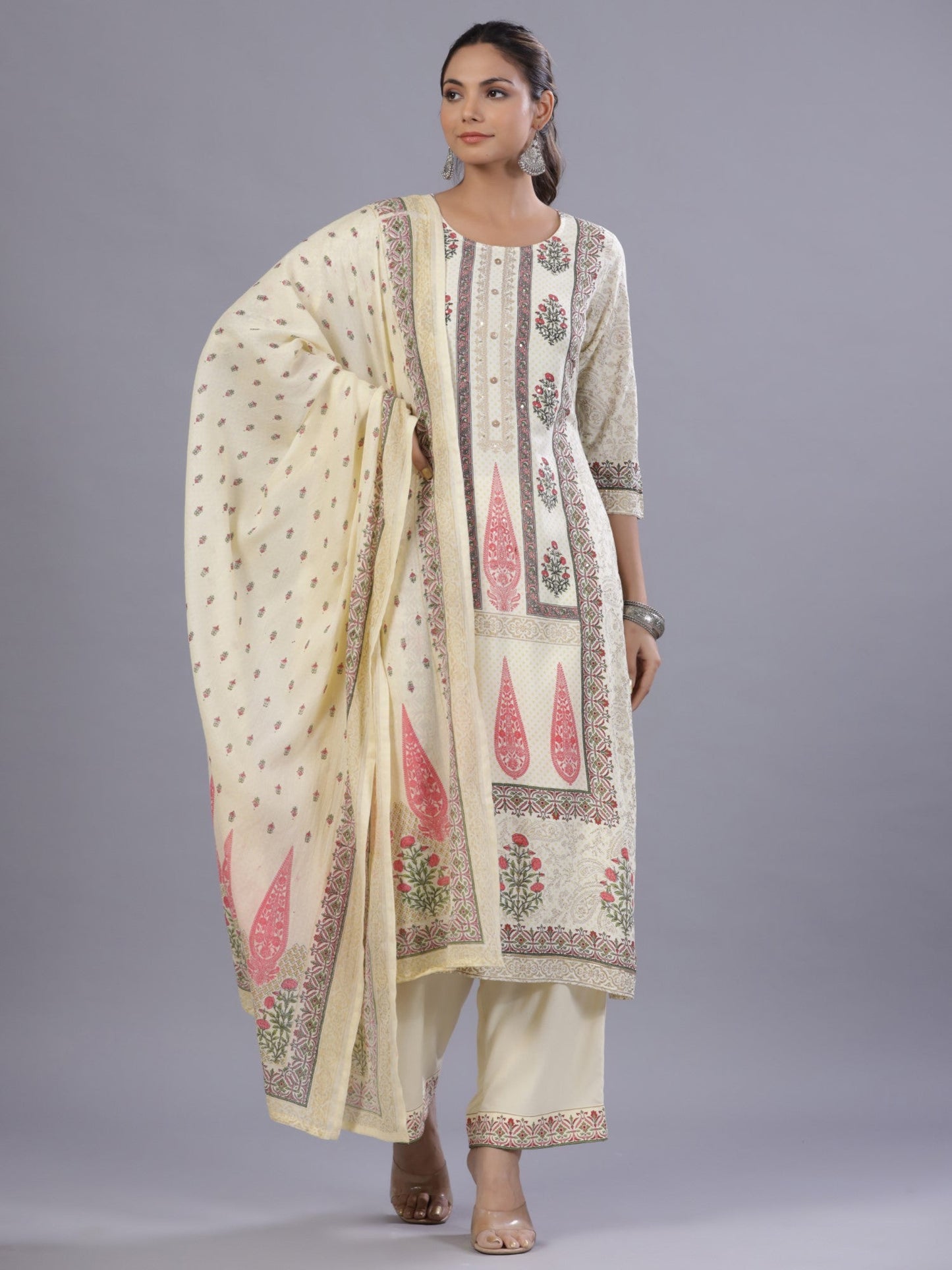 Yellow Rayon Printed Kurta, Pants And Dupatta Set