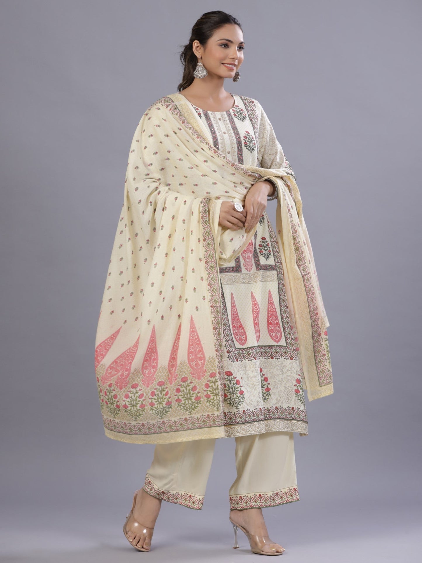 Yellow Rayon Printed Kurta, Pants And Dupatta Set