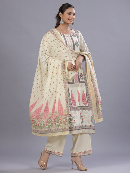 Yellow Rayon Printed Kurta, Pants And Dupatta Set