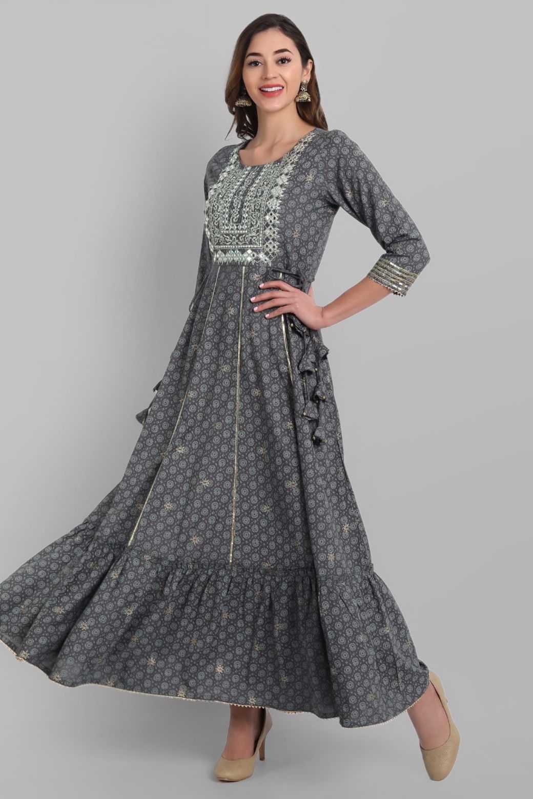Grey Rayon Festive Wear Embroidered Tiered Long Dress