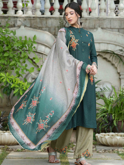 Bottle Green Mono Viscose Festive Wear Embroidered Straight Kurta Pant Dupatta Set
