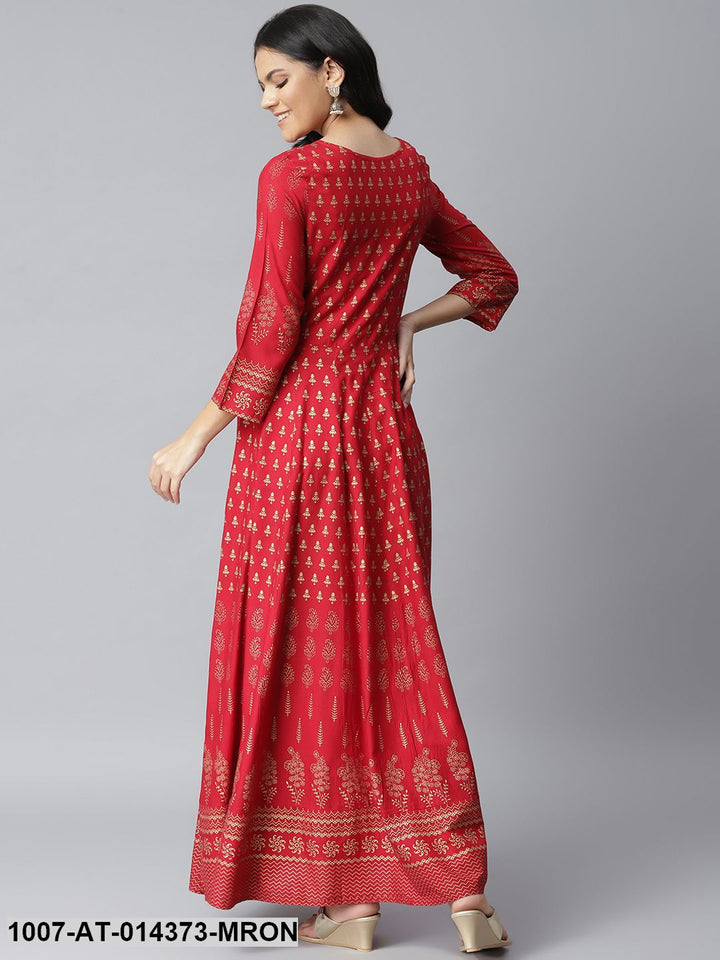 Gold Print Rayon Long Anarkali Kurta (Maroon)