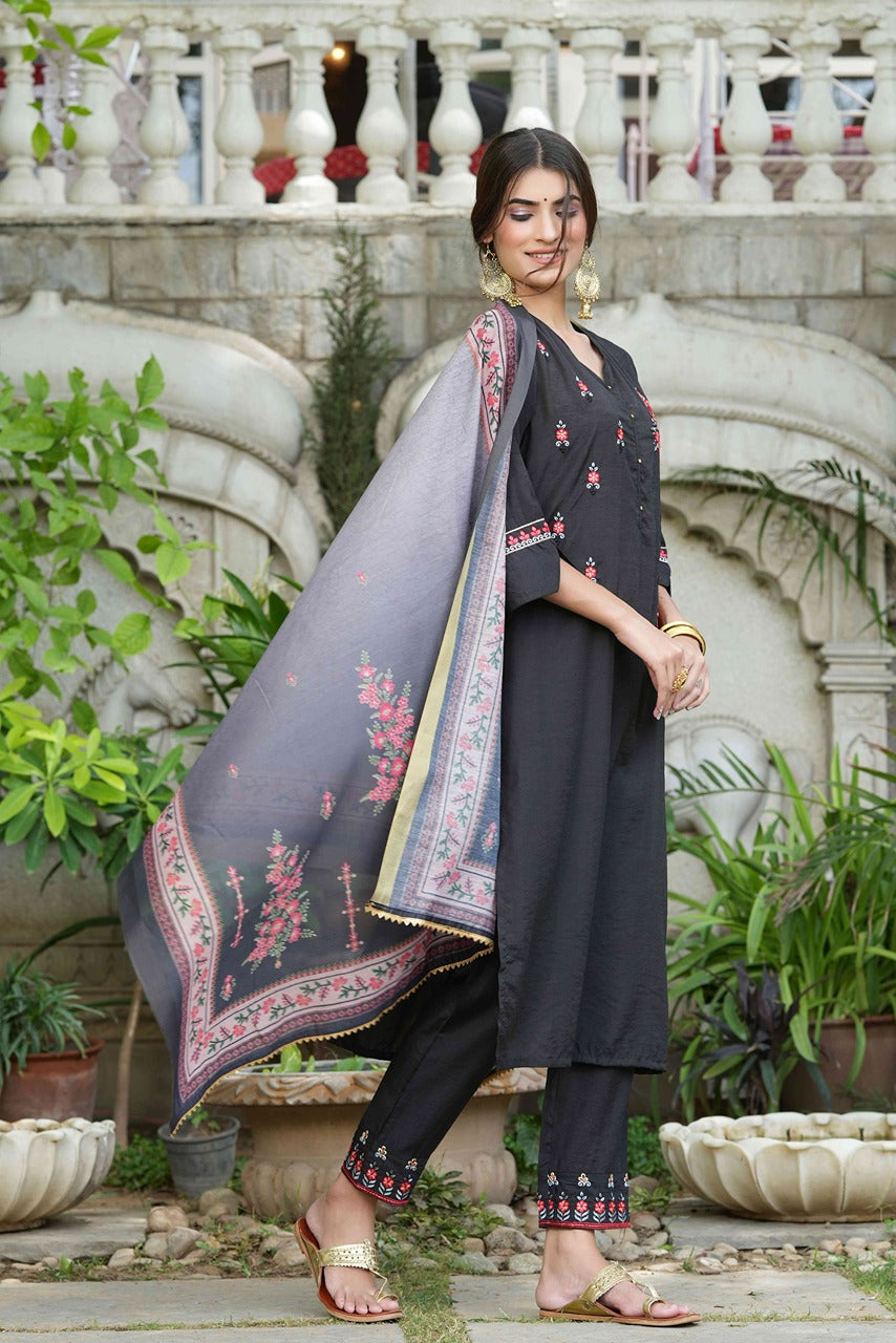 Black Mono Viscose Festive Wear Embroidered Straight Kurta Pant Dupatta Set