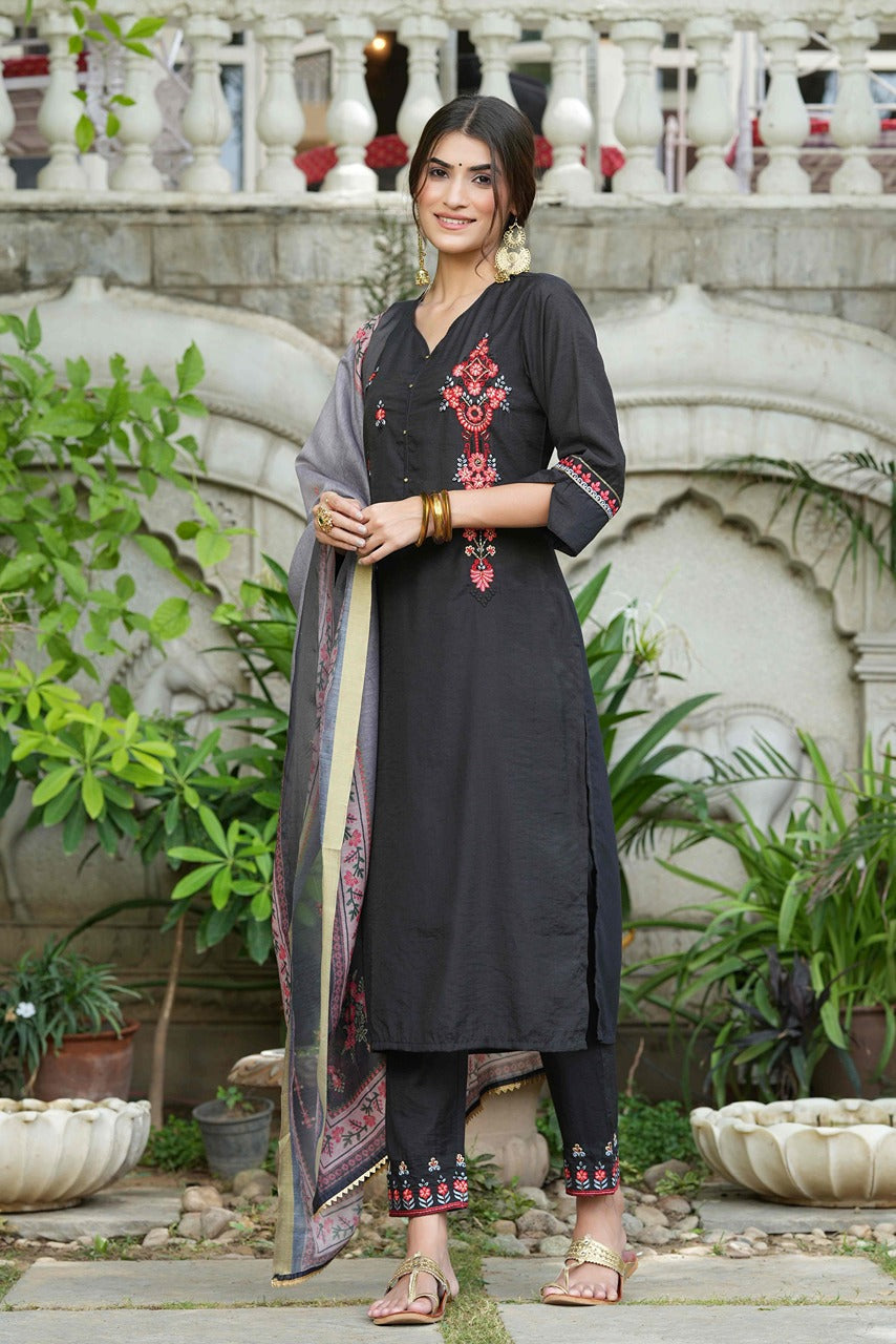 Black Mono Viscose Festive Wear Embroidered Straight Kurta Pant Dupatta Set