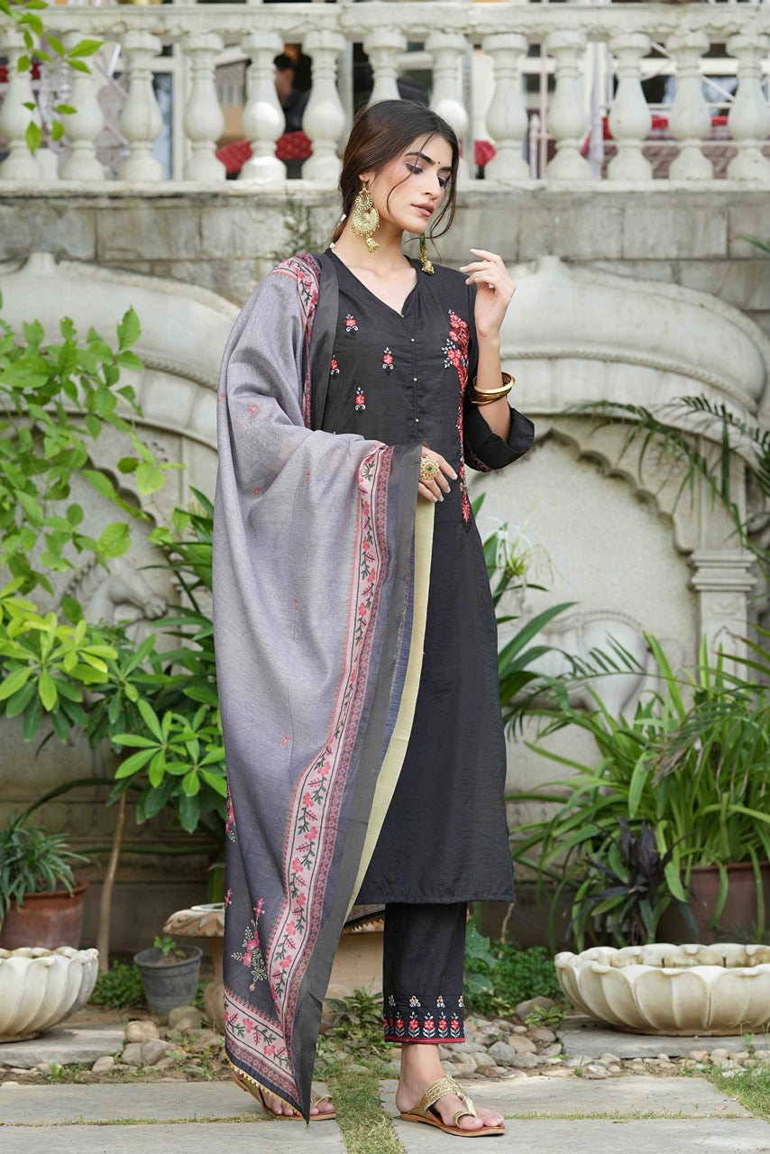 Black Mono Viscose Festive Wear Embroidered Straight Kurta Pant Dupatta Set