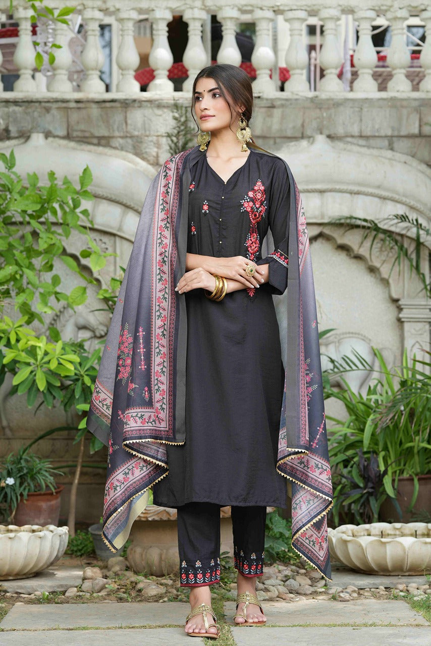 Black Mono Viscose Festive Wear Embroidered Straight Kurta Pant Dupatta Set