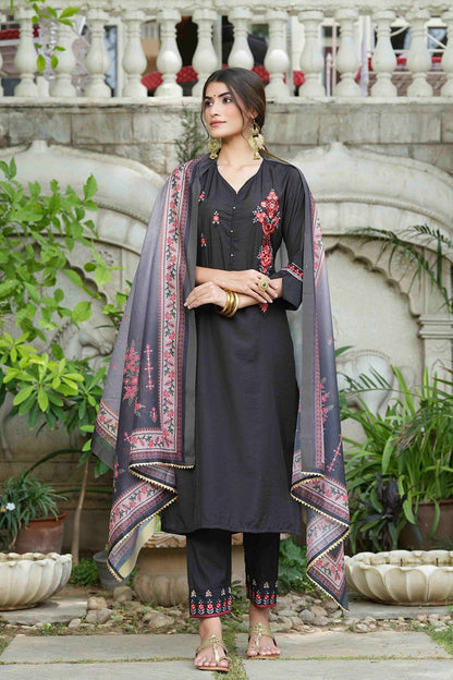 Black Mono Viscose Festive Wear Embroidered Straight Kurta Pant Dupatta Set
