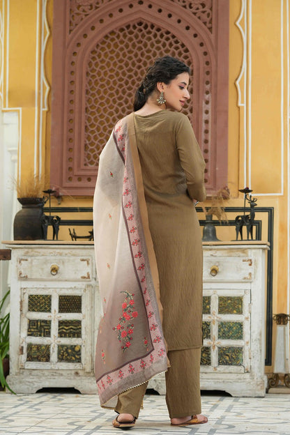 Olive Mono Viscose Straight Embroidered Kurta Pant Dupatta Set