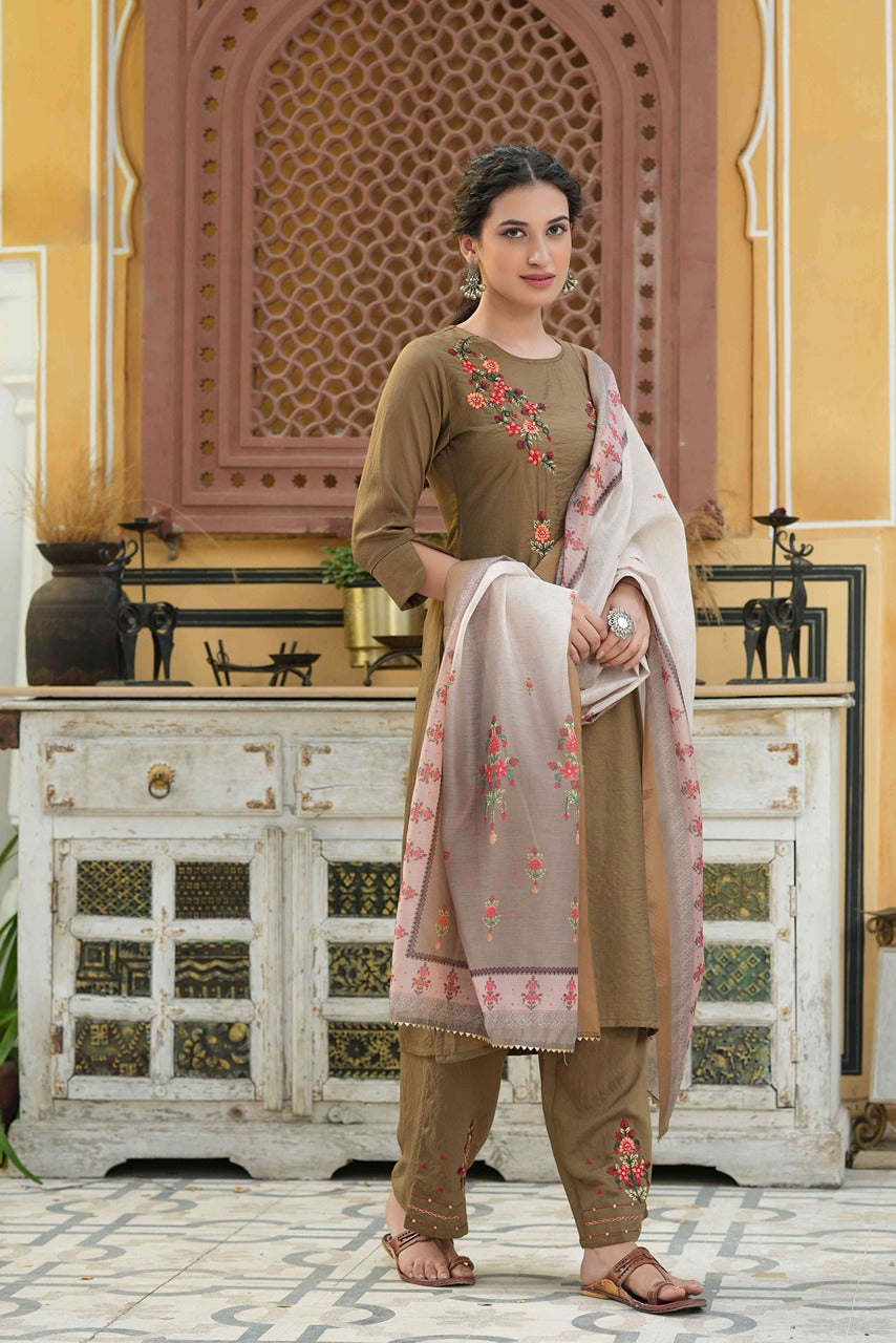 Olive Mono Viscose Straight Embroidered Kurta Pant Dupatta Set