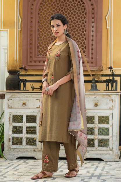 Olive Mono Viscose Straight Embroidered Kurta Pant Dupatta Set