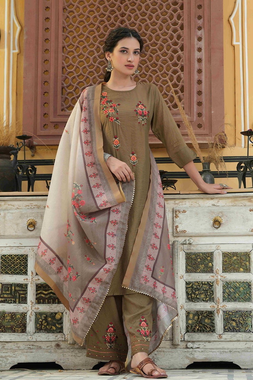 Olive Mono Viscose Straight Embroidered Kurta Pant Dupatta Set