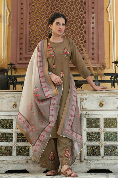 Olive Mono Viscose Straight Embroidered Kurta Pant Dupatta Set