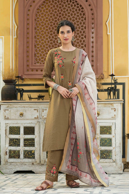 Olive Mono Viscose Straight Embroidered Kurta Pant Dupatta Set