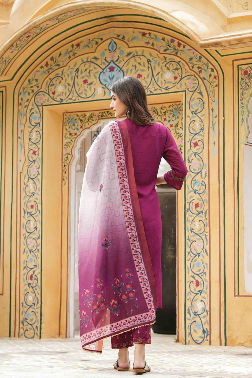 Maroon Mono Viscose Festive Wear Embroidered Straight Kurta Pant Dupatta Set