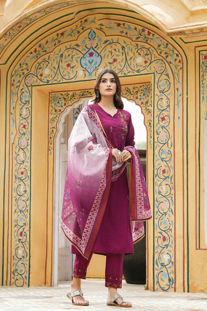 Maroon Mono Viscose Festive Wear Embroidered Straight Kurta Pant Dupatta Set