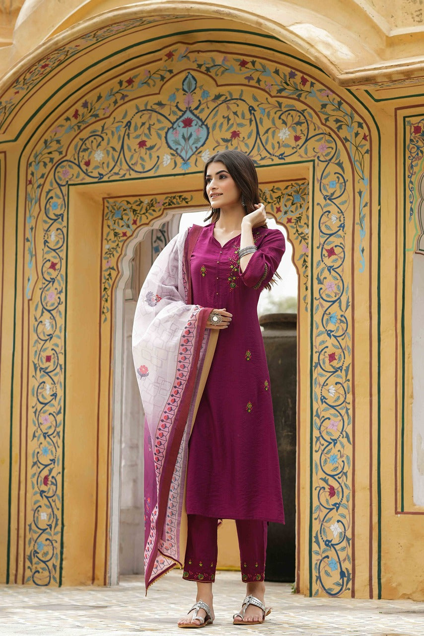 Maroon Mono Viscose Festive Wear Embroidered Straight Kurta Pant Dupatta Set