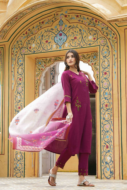 Maroon Mono Viscose Festive Wear Embroidered Straight Kurta Pant Dupatta Set