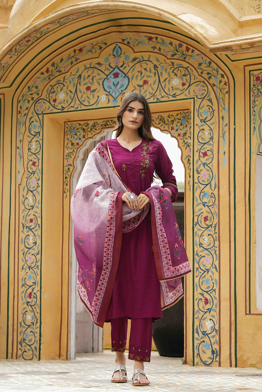 Maroon Mono Viscose Festive Wear Embroidered Straight Kurta Pant Dupatta Set