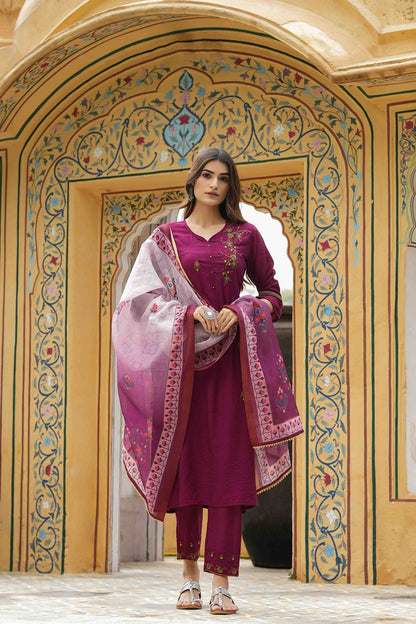 Maroon Mono Viscose Festive Wear Embroidered Straight Kurta Pant Dupatta Set