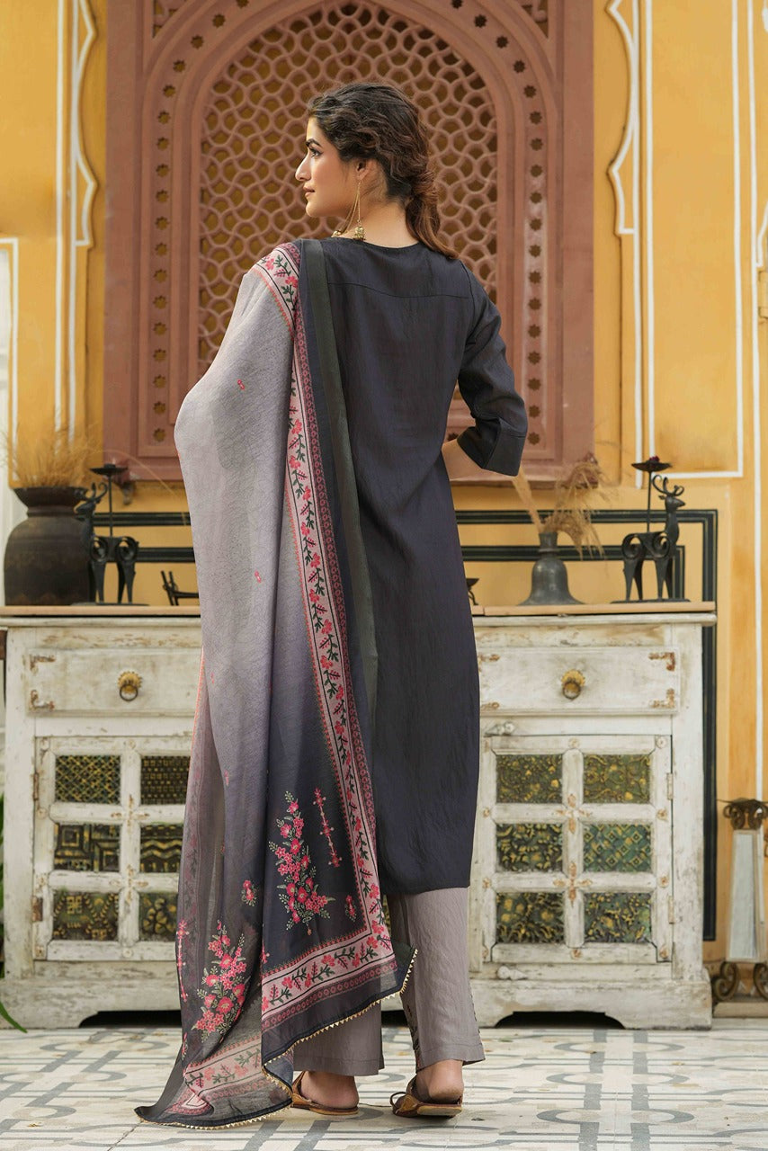 Dark Grey Mono Viscose Festive Wear Embroidered Straight Kurta Palazzo Dupatta Set