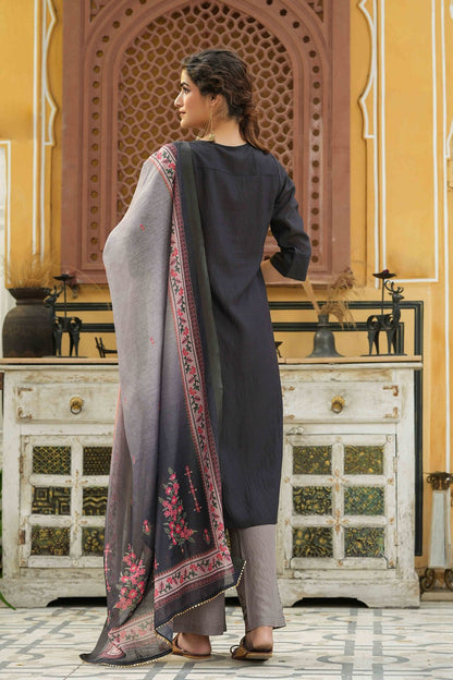 Dark Grey Mono Viscose Festive Wear Embroidered Straight Kurta Palazzo Dupatta Set