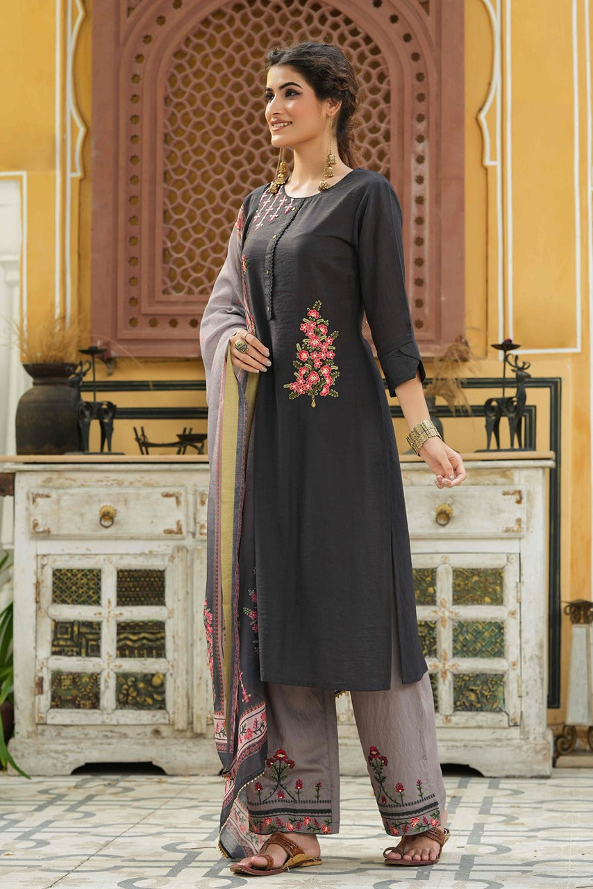 Dark Grey Mono Viscose Festive Wear Embroidered Straight Kurta Palazzo Dupatta Set