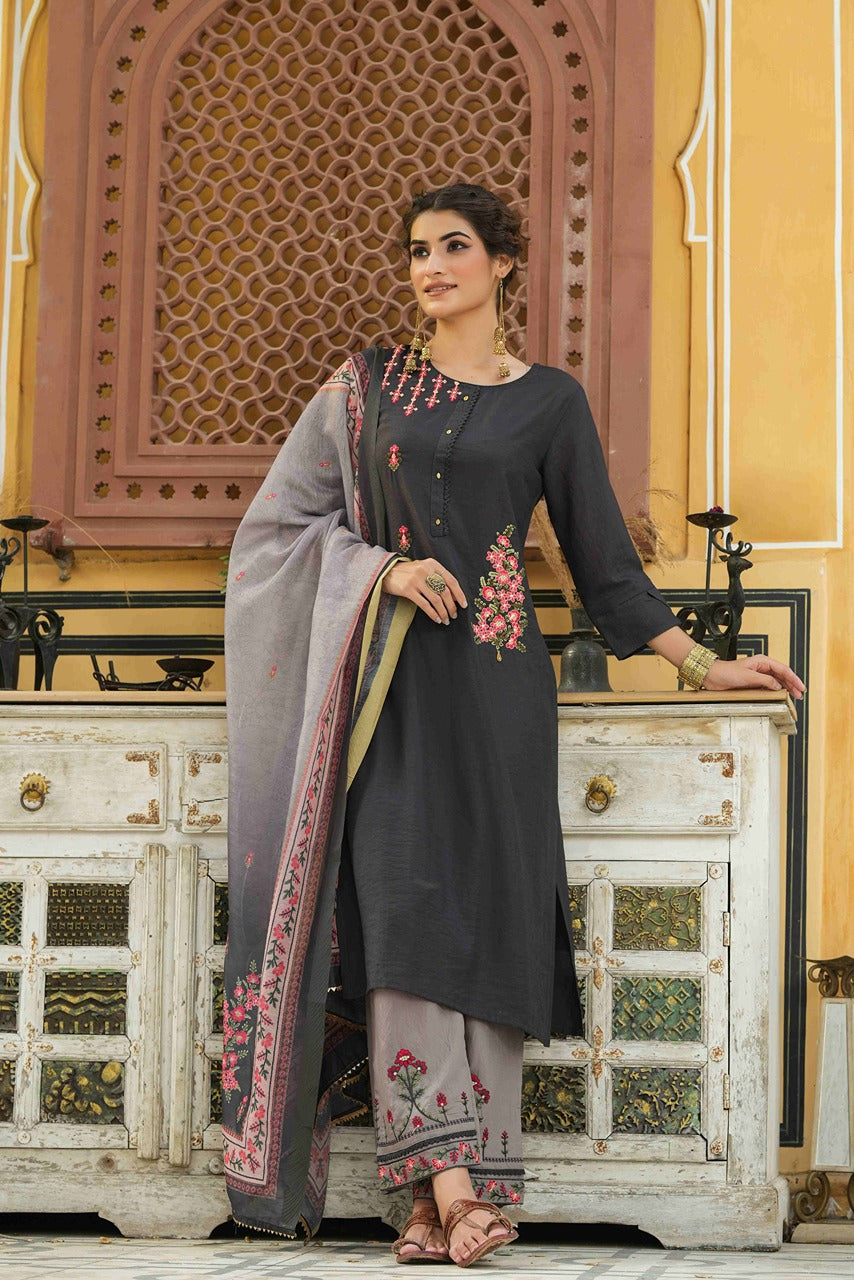 Dark Grey Mono Viscose Festive Wear Embroidered Straight Kurta Palazzo Dupatta Set