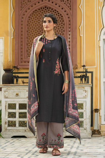 Dark Grey Mono Viscose Festive Wear Embroidered Straight Kurta Palazzo Dupatta Set