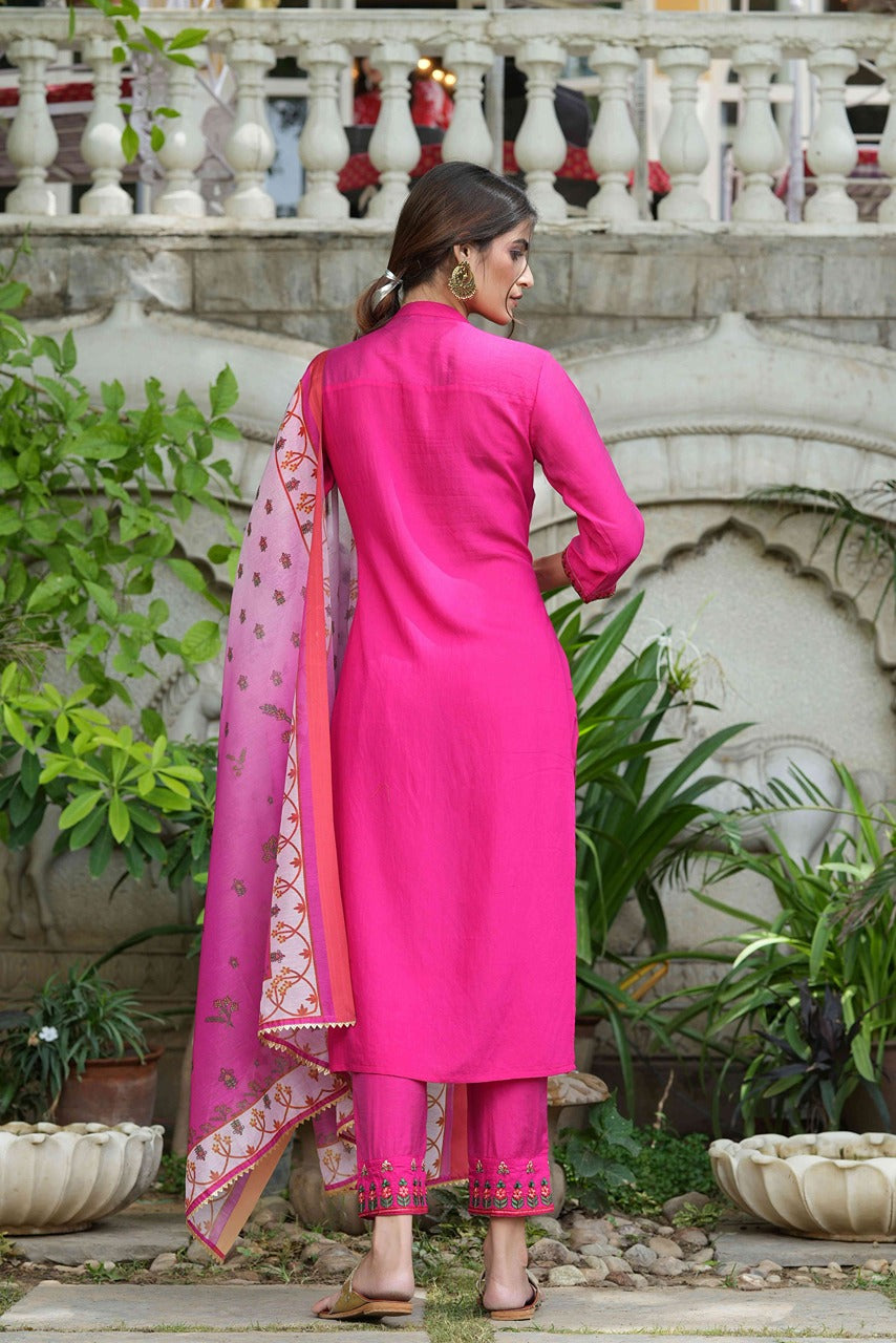 Fuchsia Mono Viscose Festive Wear Embroidered Straight Kurta Pant Dupatta Set