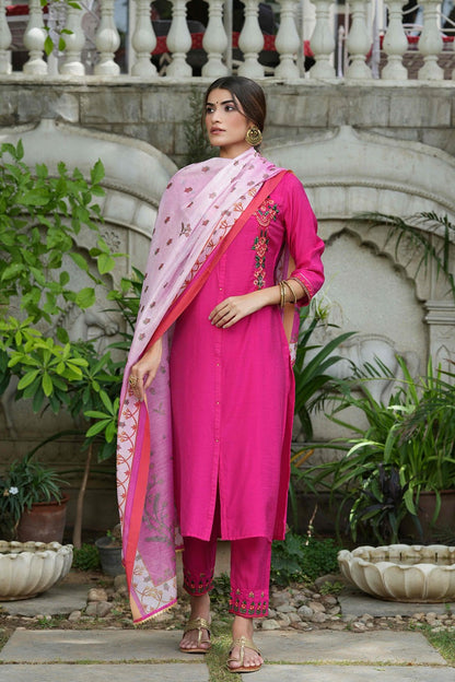 Fuchsia Mono Viscose Festive Wear Embroidered Straight Kurta Pant Dupatta Set
