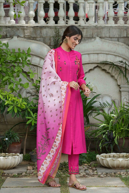 Fuchsia Mono Viscose Festive Wear Embroidered Straight Kurta Pant Dupatta Set