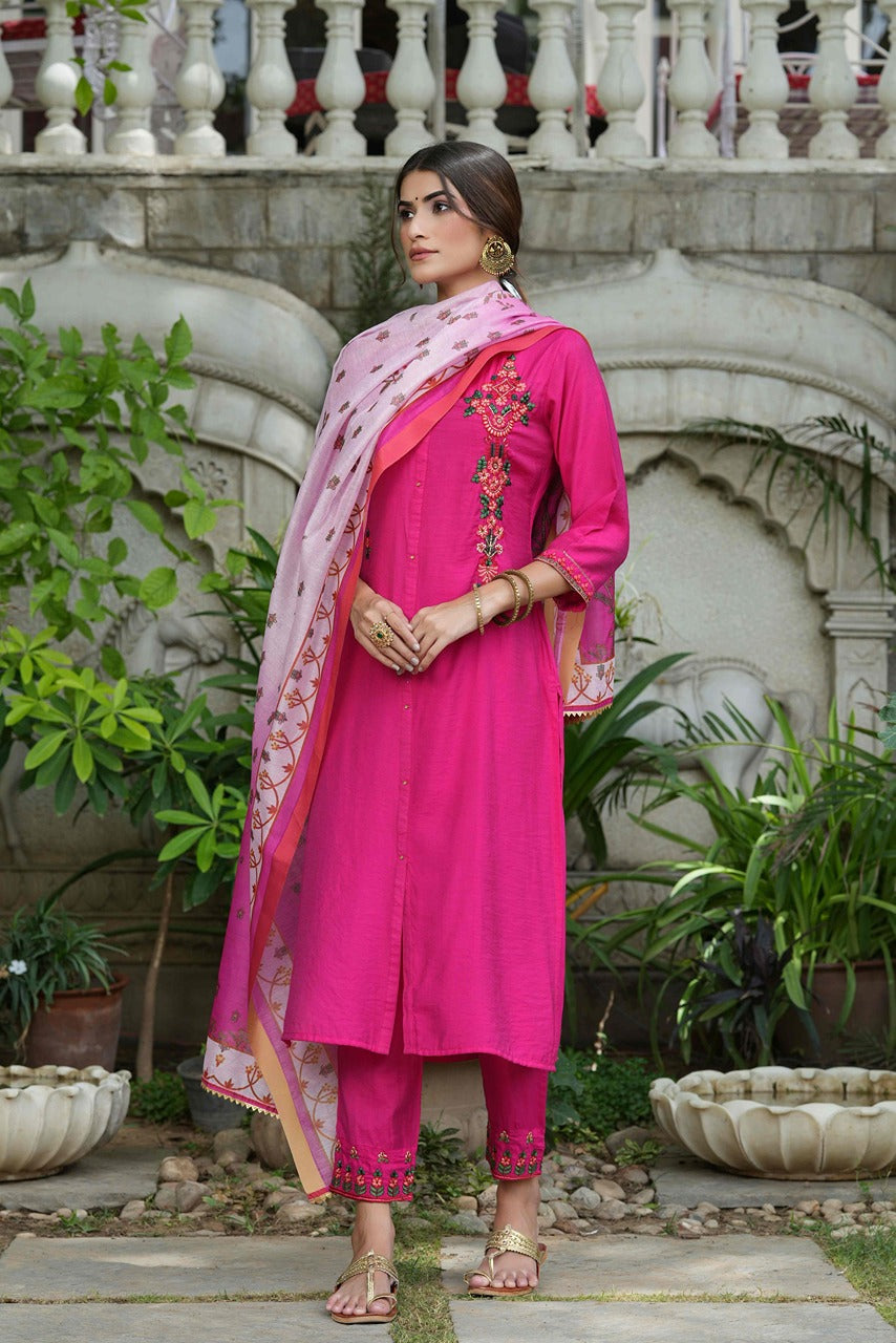 Fuchsia Mono Viscose Festive Wear Embroidered Straight Kurta Pant Dupatta Set