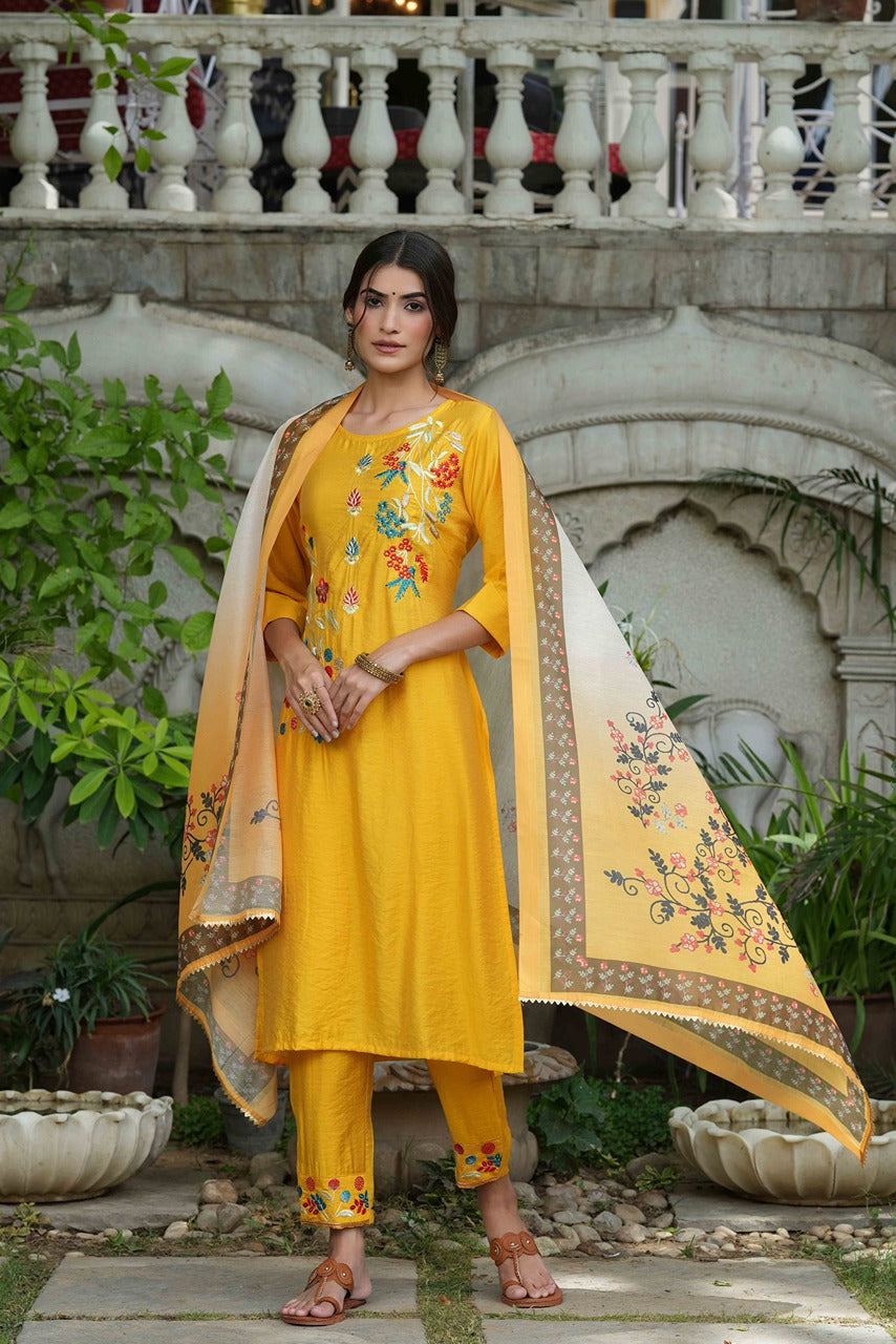 Yellow  Mono Viscose Straight Embroidered Kurta Sets