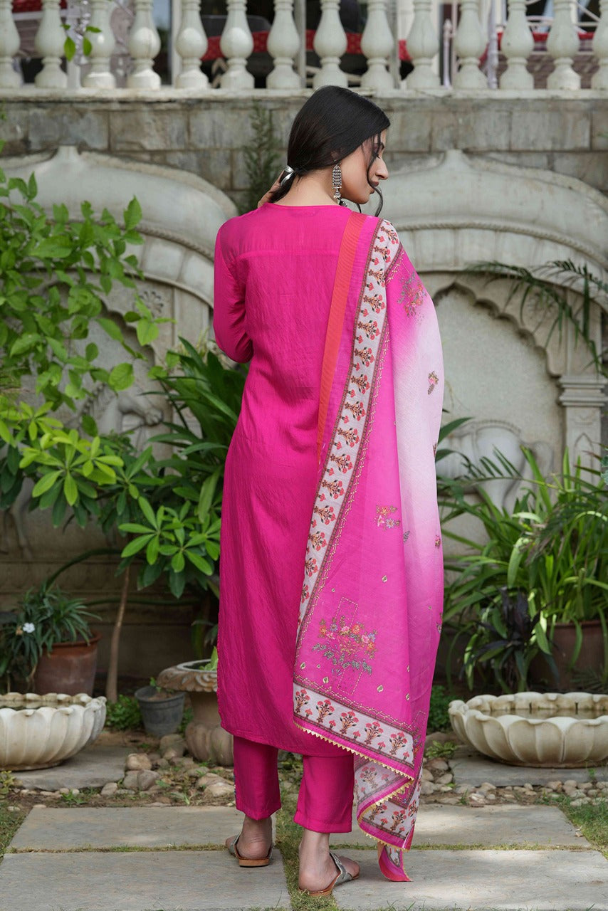 Fuchsia Mono Viscose Festive Wear Embroidered Straight Kurta Pant Dupatta Set
