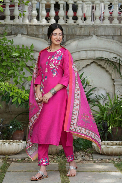 Fuchsia Mono Viscose Festive Wear Embroidered Straight Kurta Pant Dupatta Set