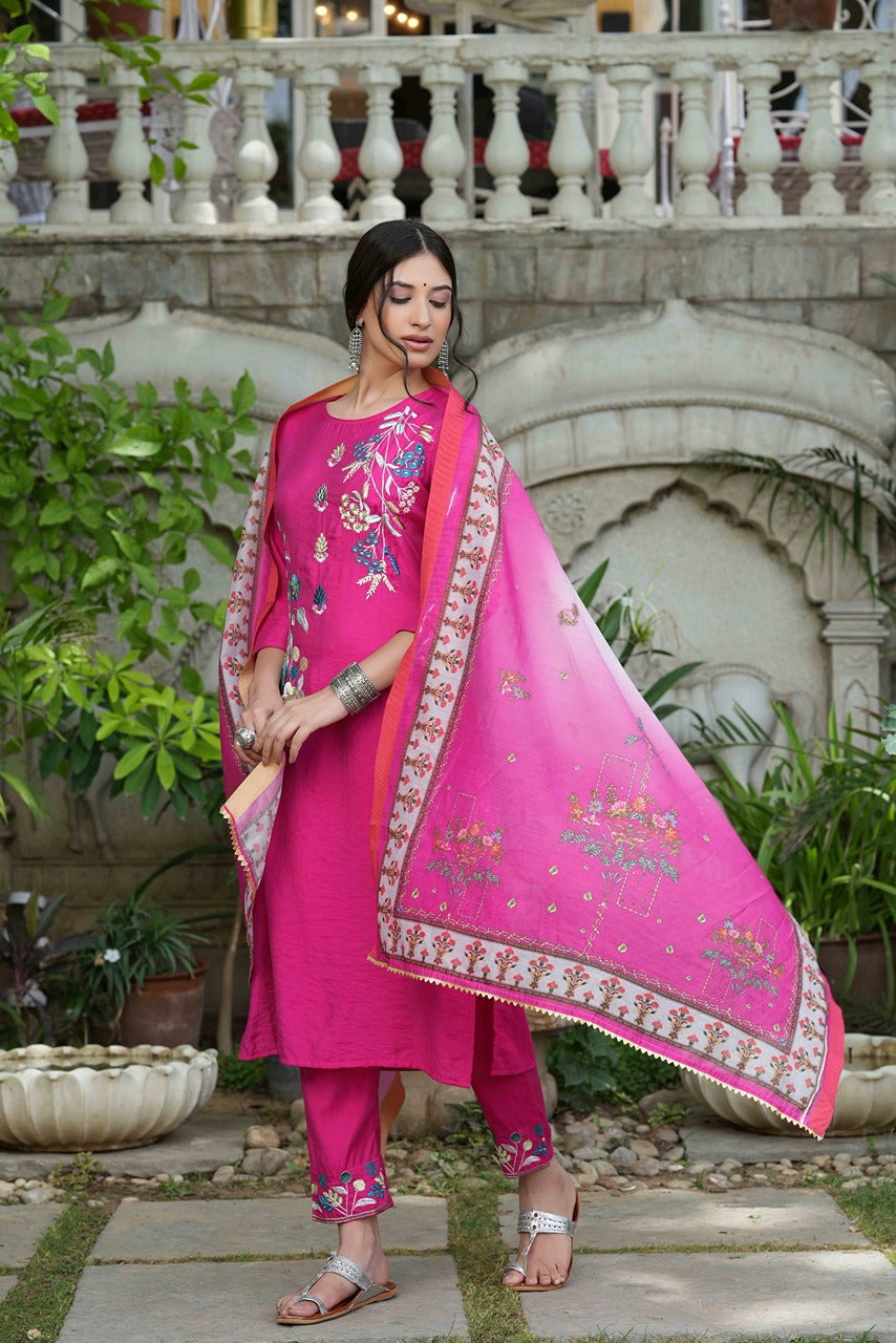 Fuchsia Mono Viscose Festive Wear Embroidered Straight Kurta Pant Dupatta Set