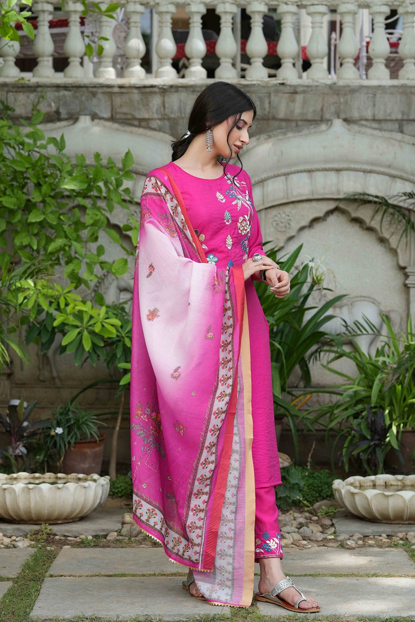 Fuchsia Mono Viscose Festive Wear Embroidered Straight Kurta Pant Dupatta Set