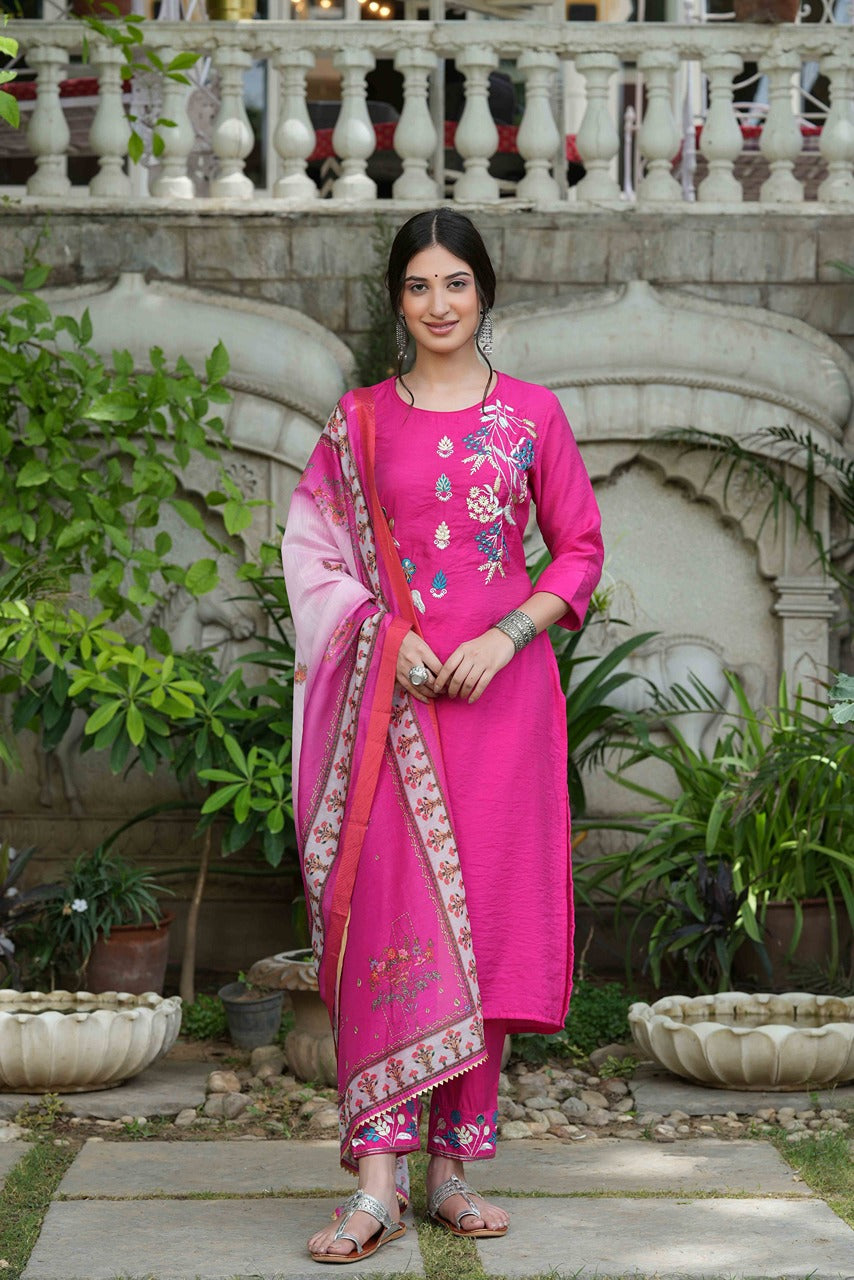 Fuchsia Mono Viscose Festive Wear Embroidered Straight Kurta Pant Dupatta Set