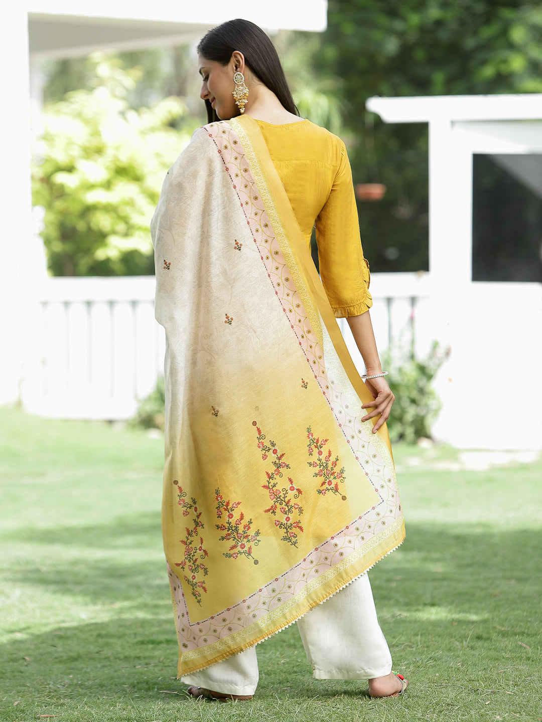Mustard Mono Viscose Festive Wear Embroidered Straight Kurta Palazzo Dupatta Set