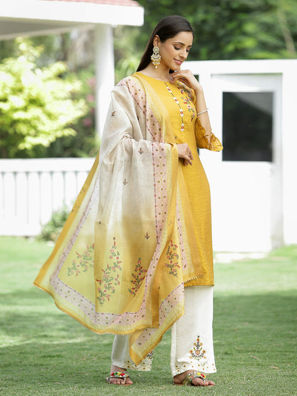 Mustard Mono Viscose Festive Wear Embroidered Straight Kurta Palazzo Dupatta Set