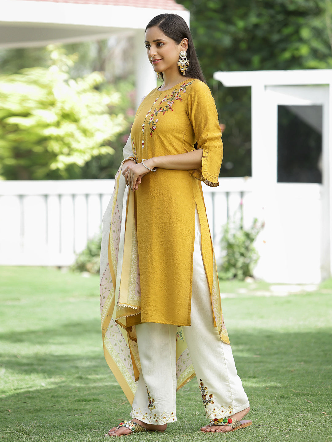 Mustard Mono Viscose Festive Wear Embroidered Straight Kurta Palazzo Dupatta Set