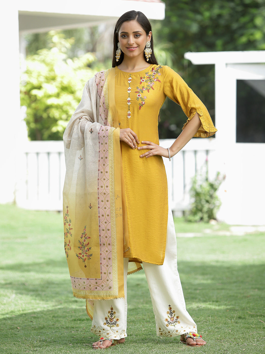 Mustard Mono Viscose Festive Wear Embroidered Straight Kurta Palazzo Dupatta Set