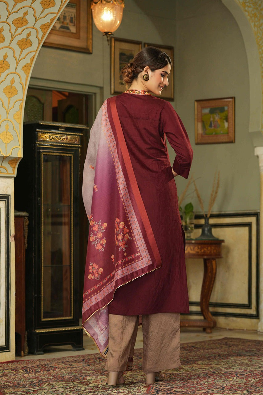 Maroon Mono Viscose Festive Wear Embroidered Straight Kurta Pant Dupatta Set